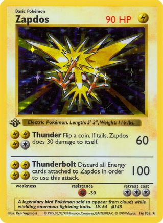 Zapdos 016/102 - Base Set Shadowless Unlimited Holofoil - Holo Rare