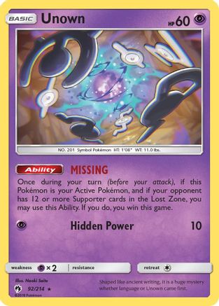 Unown (92/214) - SM Lost Thunder Reverse Holofoil - Rare