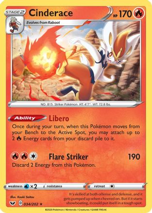 Cinderace (034) 034/202 - SWSH01 Sword & Shield Base Set Reverse Holofoil - Holo Rare