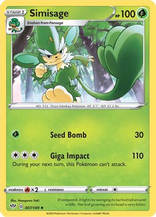 Simisage 007/189 - SWSH03 Darkness Ablaze Reverse Holofoil - Uncommon