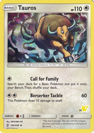 Tauros - 164/236 (#37 Pikachu Stamped) - Battle Academy Normal