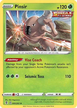 Pinsir 001/203 - SWSH07 Evolving Skies Reverse Holofoil - Rare