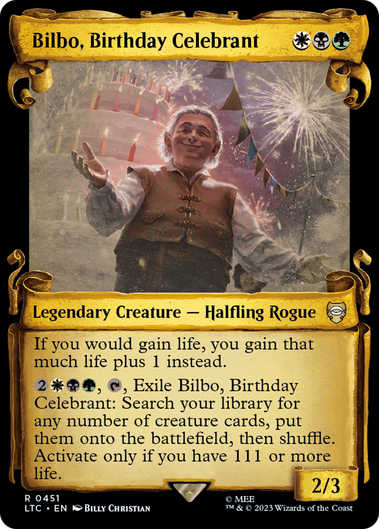 Bilbo, Birthday Celebrant (Showcase Scrolls) (LTC-451) - Tales of Middle-earth Commander: (Showcase) Foil