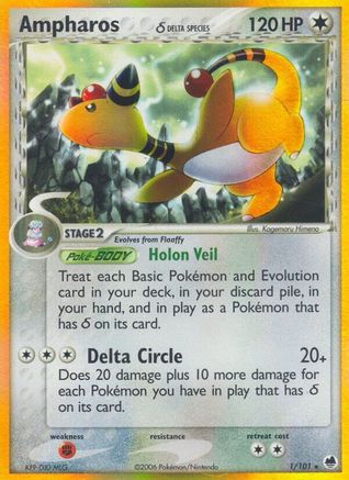Ampharos (Delta Species) 001/101 - Dragon Frontiers Reverse Holofoil - Holo Rare