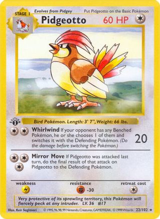 Pidgeotto 022/102 - Base Set Shadowless 1st Edition - Rare