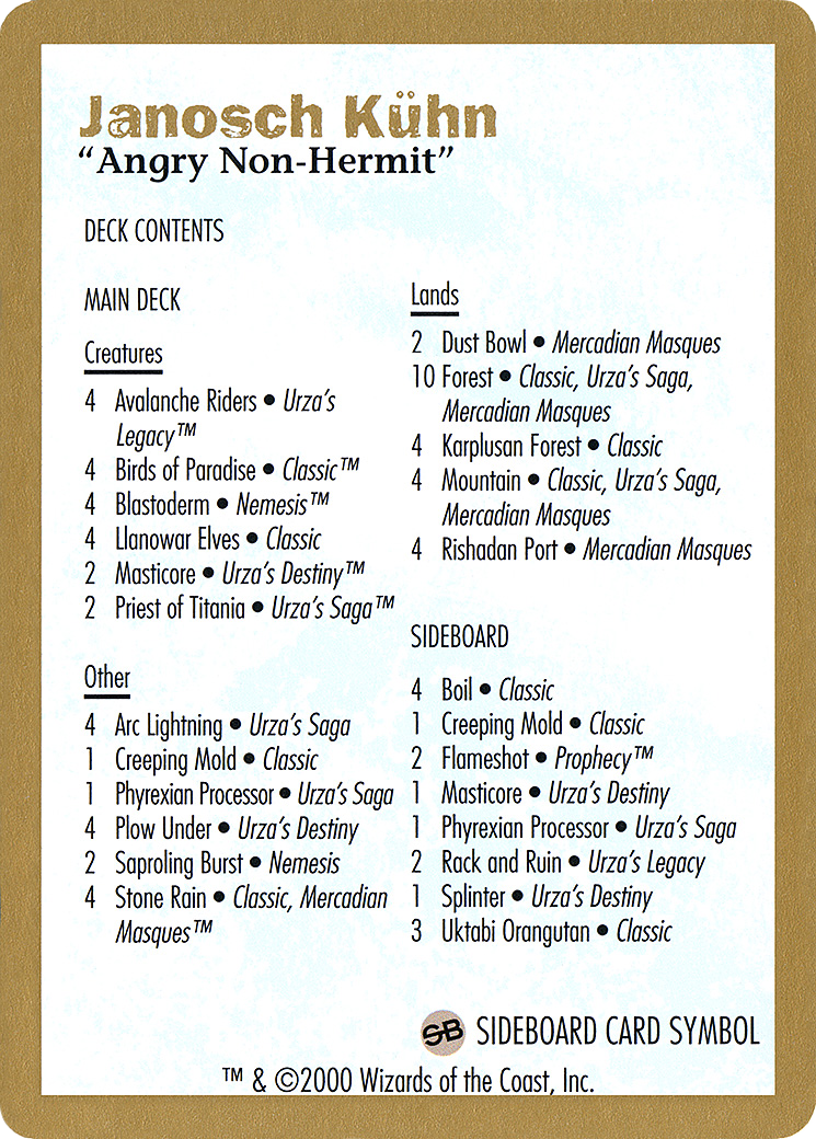Janosch Kühn Decklist (2000) (WC00-JK0B) - World Championship Decks 2000