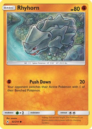 Rhyhorn (92/214) - SM  Unbroken Bonds Reverse Holofoil - Common