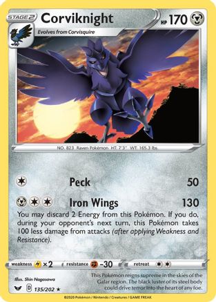 Corviknight 135/202 - SWSH01 Sword & Shield Base Set Reverse Holofoil - Rare