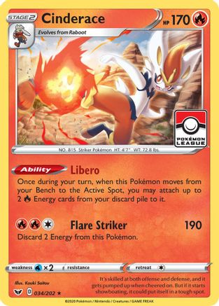 Cinderace - 034/202 (Pokemon League) 34 - League & Championship Cards Reverse Holofoil