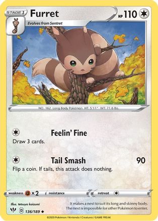Furret 136/189 - SWSH03 Darkness Ablaze Reverse Holofoil - Uncommon