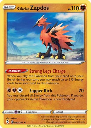 Galarian Zapdos 082/203 - SWSH07 Evolving Skies Reverse Holofoil - Holo Rare