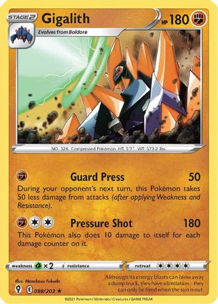Gigalith 088/203 - SWSH07 Evolving Skies Reverse Holofoil - Rare