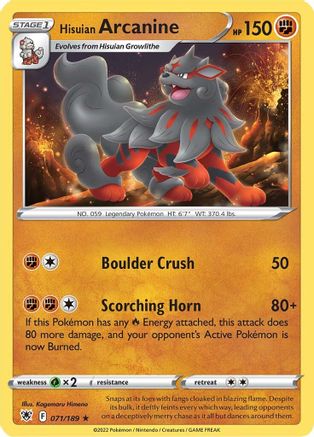 Hisuian Arcanine 071/189 - SWSH10 Astral Radiance Reverse Holofoil - Rare