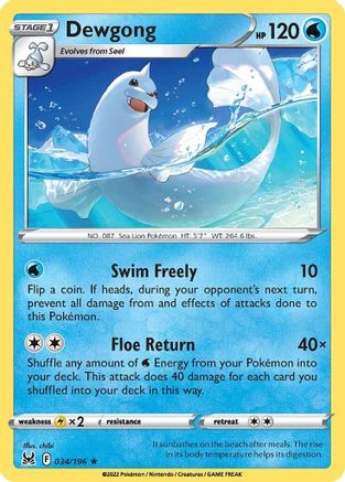 Dewgong 034/196 - SWSH11 Lost Origin Reverse Holofoil - Rare