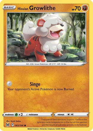 Hisuian Growlithe 083/196 - SWSH11 Lost Origin Reverse Holofoil - Common