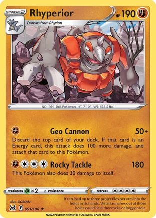 Rhyperior 091/196 - SWSH11 Lost Origin Reverse Holofoil - Rare