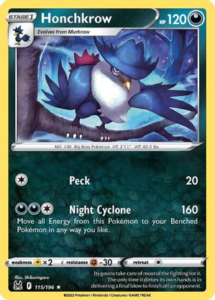 Honchkrow 115/196 - SWSH11 Lost Origin Reverse Holofoil - Rare