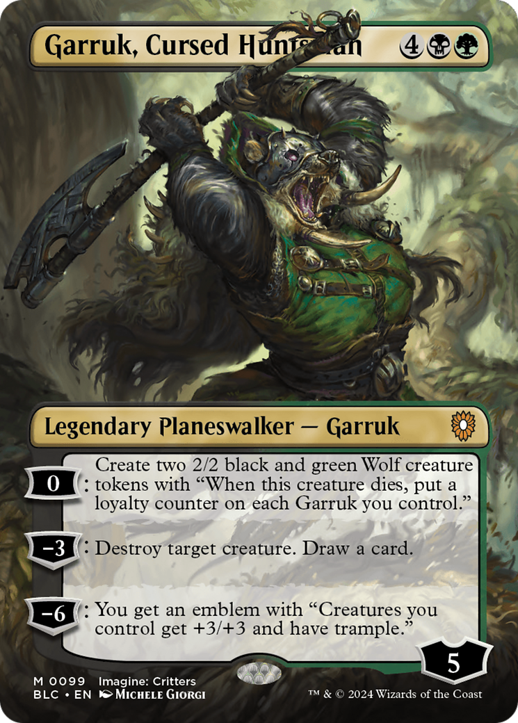 Garruk, Cursed Huntsman (Borderless) (BLC-099) - Bloomburrow Commander (Borderless) Foil