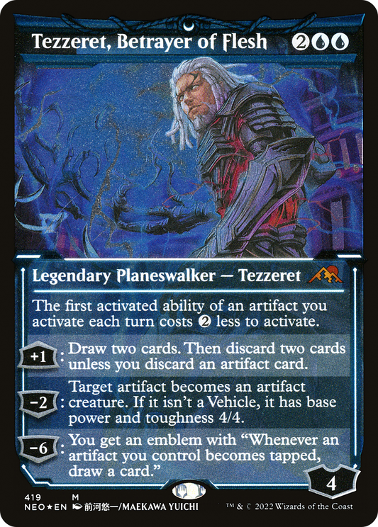 Tezzeret, Betrayer of Flesh (NEO-419) - Kamigawa: Neon Dynasty: (Showcase) Etched Foil