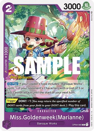 Miss.Goldenweek(Marianne) (OP04-065) - Kingdoms of Intrigue Pre-Release Cards