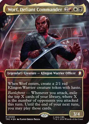Worf, Defiant Commander (Borderless) (Surge Foil) (TRC-008) [Commander: Star Trek] Foil