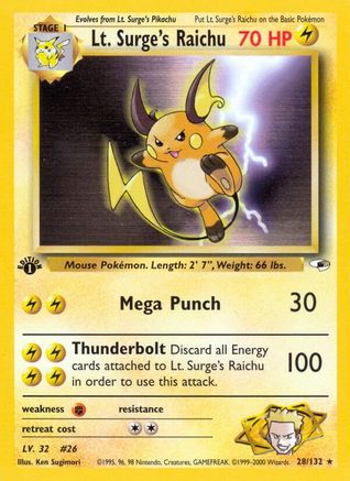Lt. Surge's Raichu 028/132 - Gym Heroes 1st Edition - Rare