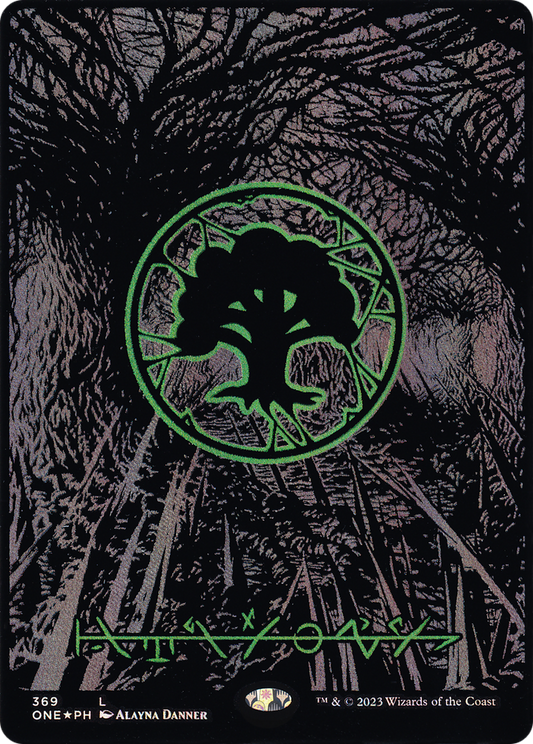 Forest (Phyrexian) - Full Art (Oil Slick Raised Foil) (ONE-369) - Phyrexia: All Will Be One (Borderless) Foil