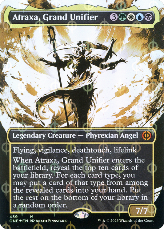 Atraxa, Grand Unifier (Showcase) (Step-and-Compleat Foil) (ONE-459) - Phyrexia: All Will Be One: (Showcase) (Borderless) Foil